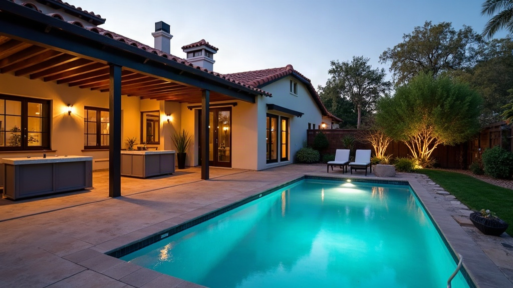Cinematic pool tile waterline glowing under Southern California evening light